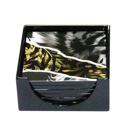 Lion Lacquer Coaster with Holder Black (Set of 6)