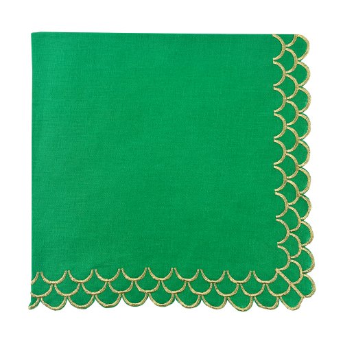 Green and Gold Hand Embroidered Peacock Linen Napkin 