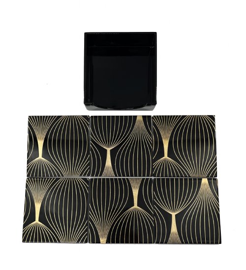 Black and Gold Modern Lacquer Coaster with Holder Black (Set of 6)