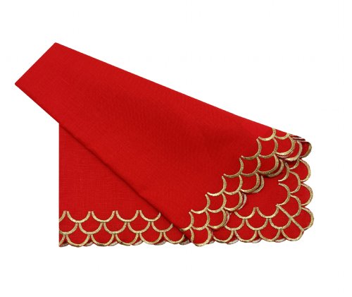 Red and Gold Hand Embroidered Peacock Linen Napkin 