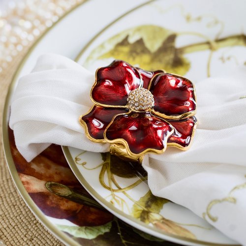 Deep Red NC Flower Crystal Center Napkin Ring 