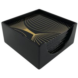 Black and Gold Modern Lacquer Coaster with Holder Black (Set of 6)