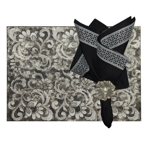 Black Napkin with Art Border Design in Silver