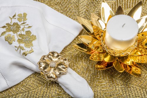 Gold Flower Matte Napkin Ring with Crystal Border