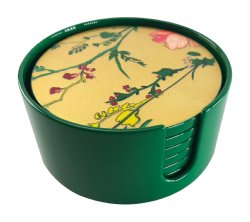 Flower Round Lacquer Coasters with Holder  Set of 6 