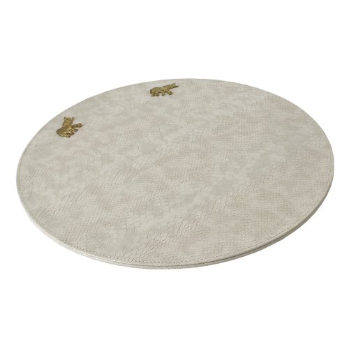 Ivory Vegan Leather Round Placemat with Gold Elephant 