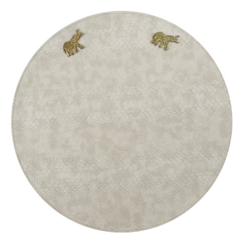 Ivory Vegan Leather Round Placemat with Gold Elephant 