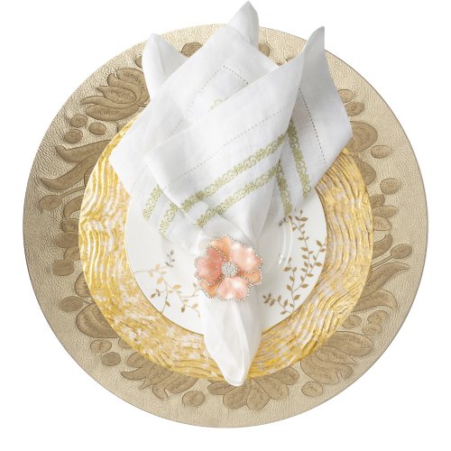 Gold Floral Embroidered Vegan Leather Round Placemat