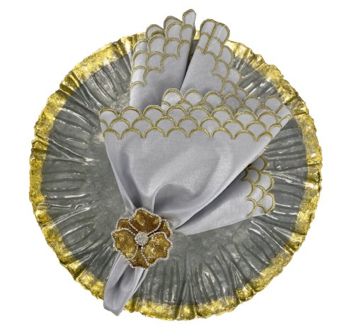 Grey and Gold Hand Embroidered Peacock Linen Napkin 