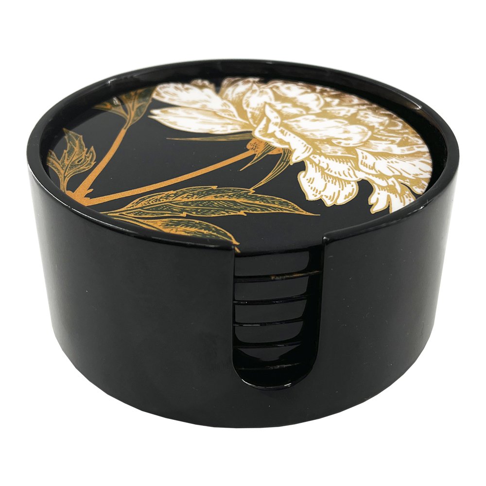 (Set 6) Coaster Black Lacquer Floral with of Ora Holder