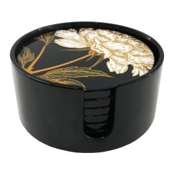 Ora Floral Lacquer Coaster with Holder Black (Set of 6)