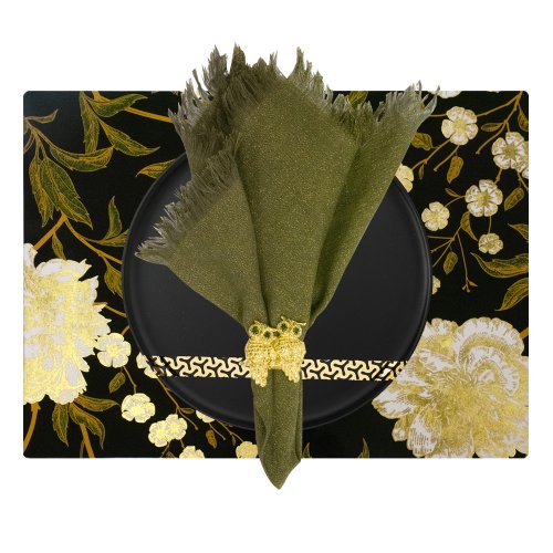 White Flower with Touches of Gold on Black Lacquer Rectangular Placemat