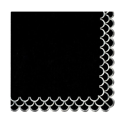 Silver Embroidered Peaock Black Linen Napkin
