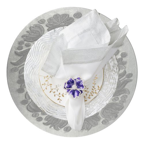 Silver Floral Embroidered Vegan Leather Round Placemat